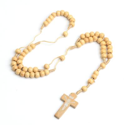 China Hot Selling Wooden Necklace Christian Handmade Wholesale Amazon Cheap Pine Beads Rosary Necklace High Quality for sale