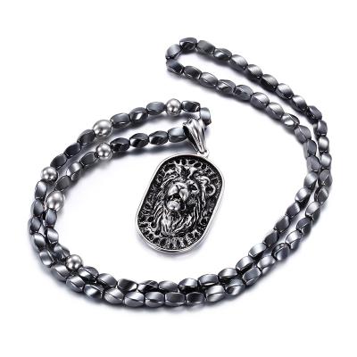 China Amazon Popular Hot Selling Hematite Long Bead Steel Chain Titanium Lion Pendant Mens Necklace for sale