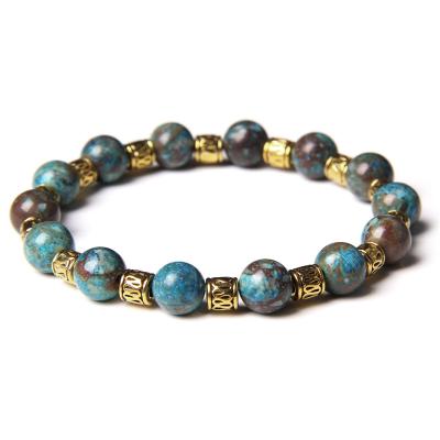 China FASHIONABLE Vintage Gold Color Plating Stone Jasper Picture Matte Onyx Beads Spacers Women Men Elastic Bracelet for sale