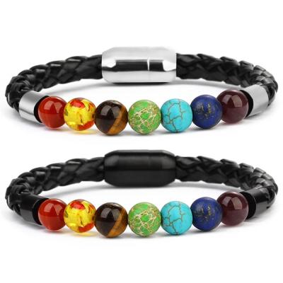 China FASHIONABLE Hot Sales Stainless Steel Leather Band Magnetic Clasp 7 Chakra Beads Stone Bracelet For Women Men for sale