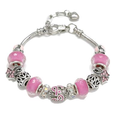 China Hiphop Fashion Pink Ribbon Charm Rose Quartz Breast Cancer Awareness Women Bracelet Adjustable Bracelet For Gift for sale