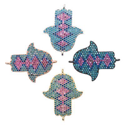 China Jewelry Making Hot Sale Colorful CZ Micro Pave Hamsa Hand Talisman Connectors Jewelry Parts For Accessories Making for sale