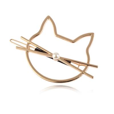 China Cute Golden Hair Clips Of Europle Cat Shape Hollow Pearl Hair Pin Alloy Hair Accessories for sale