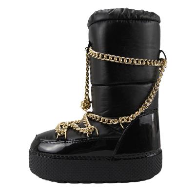 China Fashionable Anti-odor Chain Decoration Lace Up Women Moon Boot Nylon Snow Boots for sale