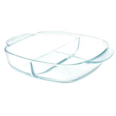 China Heat Resistant Oven Proof Baking Dish 2 Division Square Borosilicate Glass Stocked Baking Dish With Handle for sale