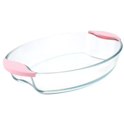 China Home Kitchen Stocked Use Pan Take Food Oval Shape Glass Baking Dish Glass Baking Dish With Silicone Handle for sale