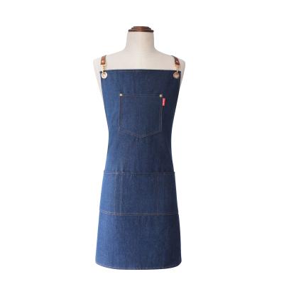 China Wholesale Food/Beverage Collar Home Kitchen Denim Square Apron With REAL Leather Straps for sale