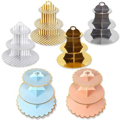 China Cake disposable paper stand, birthday dessert table disposable three-tier layout, wedding party decoration dessert stand for sale