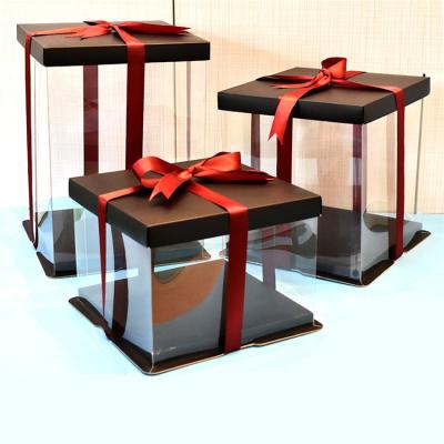 China 2021 biodegradable new design 4 inch tall clear square cake box PET birthday flower transparent gift box with cake for sale