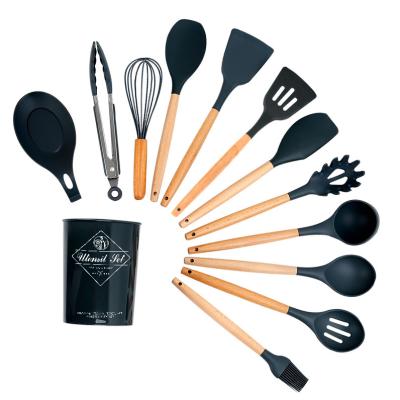 China Viable Kids Barbecue Household Accessories Tools Silicone Handle Kitchen Utensils Portable Cooking Wooden Complete Set for sale