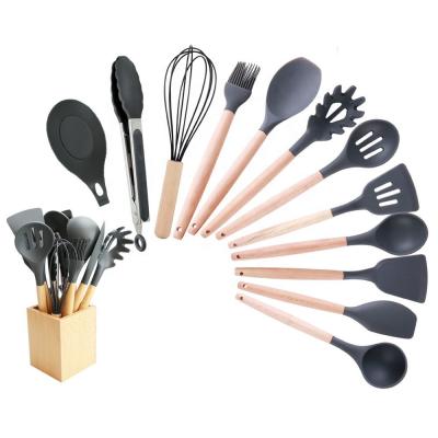 China Hot Sale Viable Cooking Accessories 9 Pieces Home Heat Resistant Bamboo Wood Silicone BBQ Kitchen Utensils Kit Biodegradable Set for sale