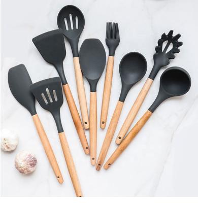 China Wholesale Viable Hot Style Instruments Silicone Handle Wood Utensil Kitchen Cooker Accessories Latest for sale