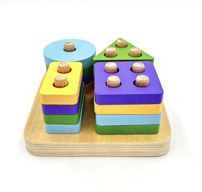 China Shape Geometric Matching Wooden Sorting Board Educational Column Matching Building Blocks Stacking Puzzle Shape Matching Toy For Baby for sale