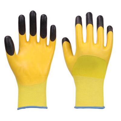 China Lyeeang Comfortable Safety Printing Line Logo 15 Gauge Polyester Hand Coated Latex Glove En388 Abrasion Resistant Protection Dipped Gloves for sale