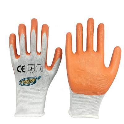 China Lyeeang Safety Performance 15G Polyester Coating Glove En388 Breathable Sandy Nitrile Coated Gloves For High Anti Slip Often Flexible Working for sale