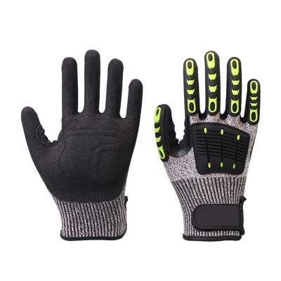 China Lyeeang Comfortable Safety OEM Custom Cut ANSI Standard ANSI Cut A5 Tpr Chips Ce En 388 Gauge 13 Anti Impact Nitrile Coated Gloves With Magic Loop for sale