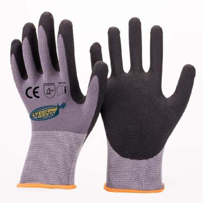 China Lyeeang Comfortable Safety 13G Fiberglass Custom Nylon Hppe Liner Dipped Glove CE En388 ANSI A5 Cut Resistant Nitrile Coated Work Gloves for sale