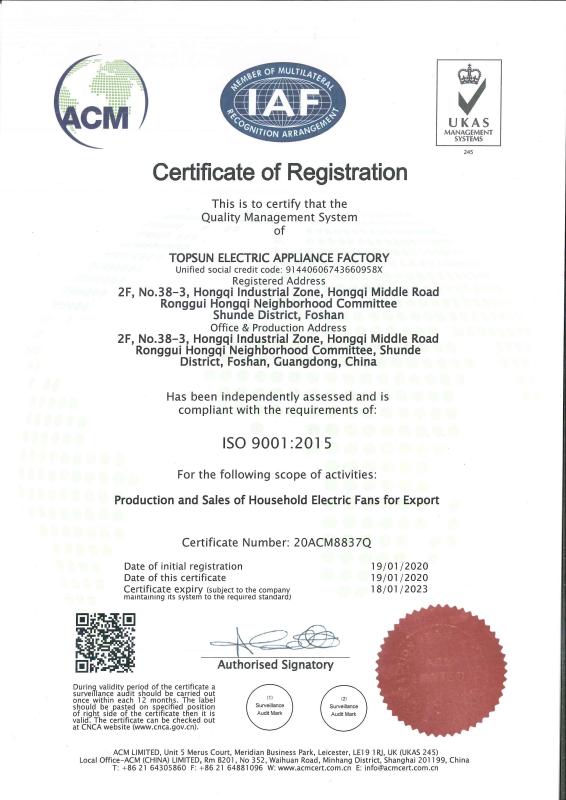 ISO9001 - Foshan Topsun Electric Appliance Factory