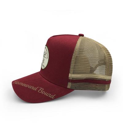 China COMMON custom OEM 5 panel burgundy cotton embroidery logo on brim structured mesh trucker hat with woven patch for sale