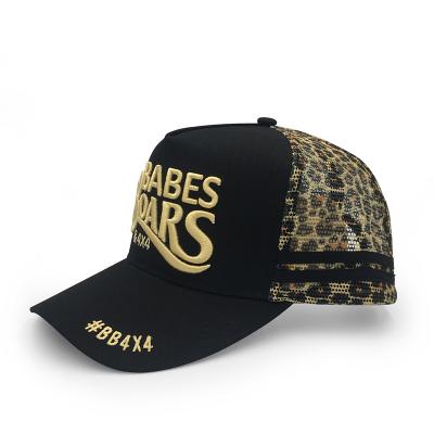 China COMMON Factory professional custom private logo curved brim five panel 3D embroidery trucker hat  with Leopard print mesh for sale