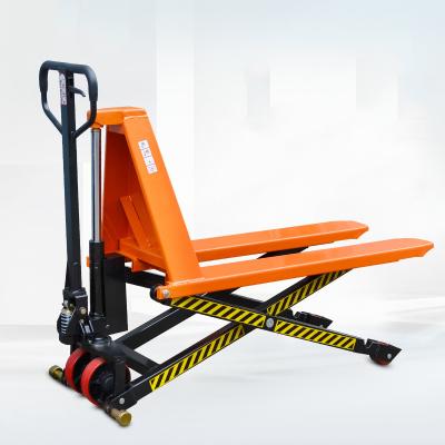 China Hotels high lift hand pallet pump truck manual 685mm scissor lift hydraulic hand pallet fork truck 1 ton high transpaleta HJ10L for sale