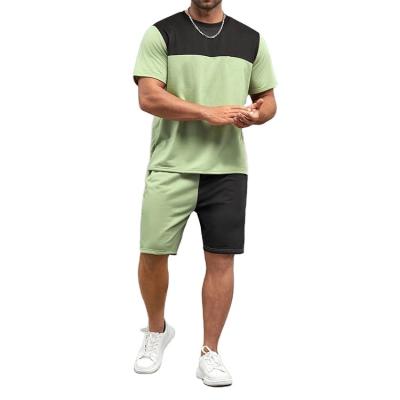 China Custom Men's Breathable T-shirt Short Set Color Block Organic Oversized Crew Neck Cotton T-shirt Splice High Quality Outerwear For Men for sale