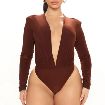 China Custom Women's Sexy Deep V Neck Bodysuits Cotton Breathable Summer Long Sleeve Skinny Jumpsuits For Women for sale