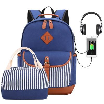 China With USB Canvas Cylinder Office Backpack Bag Canvas Stripe Canvas Backpack With Usb Charger Girls School Backpack Set With Lunch Tote Bag for sale