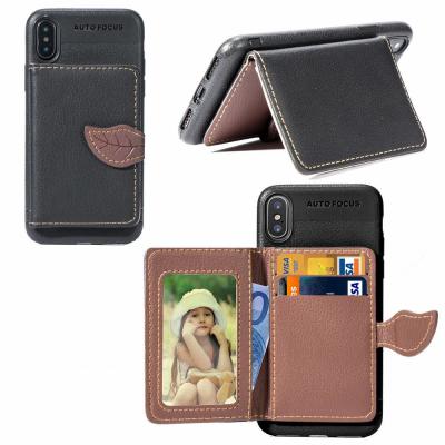 China 2018 Summer Leaf Buckle Card Slots Camera Photos Holder Wallet Stand Flip Pu Leather Phone Case For iPhone X for sale