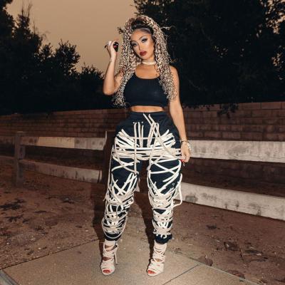 China Anti-Wrinkle Patchwork Bandage Women's Pants High Waist Casual Summer Streetwear Fashion 2020 for sale