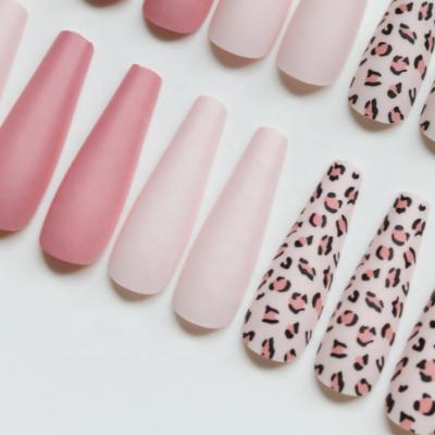 China Long Design 24 Pcs Ballet Pink Long Nails Matte Leopard Wear Detachable Fake False Patch Manicure Nail Nails Free 5 Pcs Manicure Patch Tool for sale