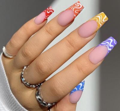 China New Durable Wholesale Nail Art Long Ballet Nail Colorful Wavy Profile White Nail Sticker for sale