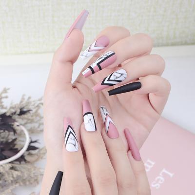 China Easy Wear Marbling Intricate Long Line Ballet Nail Pattern Wearable Removable Coffin Nail Artificial Nails for sale