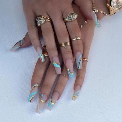 China Hot Selling Golden Line Easy Wear 24 Pcs Long Removable Artificial Nails Portable Nail Ballet Nail for sale