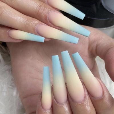 China 2021 Fashion Hot Style Nail Art False Nail Stickers Blue-Yellow Gradient Long Press On Nail Tips Waterproof Artificial Nails for sale