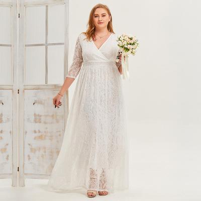 China OEM Anti-Static Women Plus Size V-Neckline Evening Wedding Dress Elegant White Lace Backless Long Dress for sale