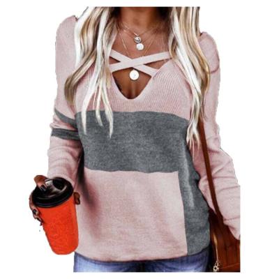 China Autumn Winter Women's Wear Anti-wrinkle Deep V-Neck Color Block Tops Casual Loose Knitwear Women Sweater Tops for sale