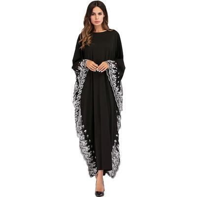 China Beautiful Cotton Lace Long Batwing Sleeve Muslim Women Black Abaya Maxi Dresses Islamic Moroccan Vintage Robe for sale