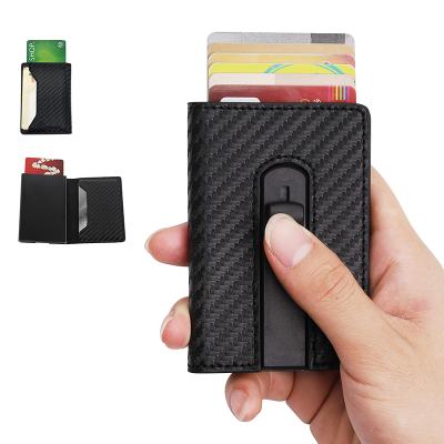 China Normcore PU RFID Leather Automatic Card Holder / Credit Card Holder Minimalist Lightweight Aluminum Carbon Fiber for sale