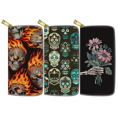 China New Anti-theft 5 Series Skull Long PU Wallet Funny Customized Halloween Zippered Wallet for sale