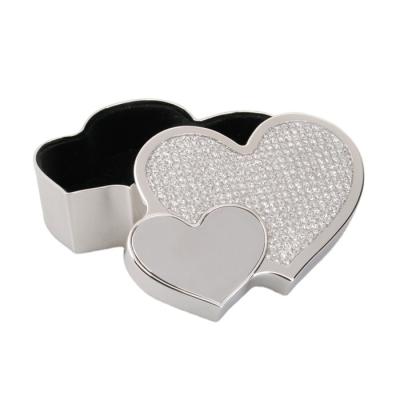 China Gift.Jewelry.Marriage Double Heart Trinket Box With Silver Glitter Metal Jewelry Organizer Box Travel Jewelry Case Boxes Earring Holder for sale