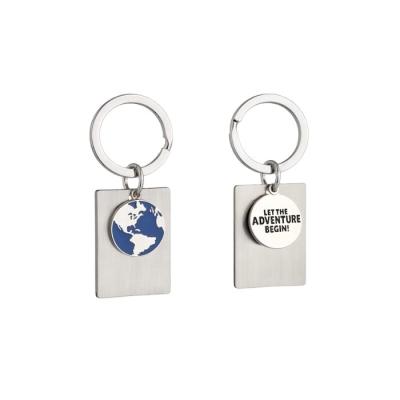 China Souvenir Gifts Promotion Round Globe Embossing Printing And Rectangular Engravable Dish Metal Keychain for sale