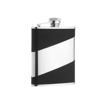 China Minimalist 6oz Stainless Steel Hip Flask With Diagonal Black PU Good Quality Polished Mirror Wine Jar For Men's Gift for sale