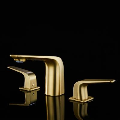 China Metered Faucets 2 Handle Three Holes 8 Inch Widespread Bathroom Sink Faucet Brushed Gold Basin Mixer Tap for sale