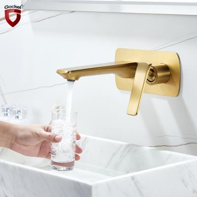 China Luxury Brass Metered Waterfall Faucets Gold Wash Mixer Tap Single Handle Swept Wall Basin Faucet for sale