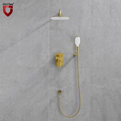 China Without Slide Bar Luxury Bathroom In Wall Mounted Brushed Brass Concealed Gold Rainfall Shower Set for sale