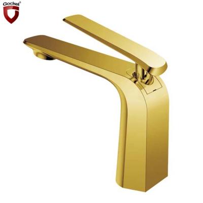 China Contemporary Metered Faucets Deck Mounted Single Handle Gold Trimmer Wash Mixer Tap Titanium Bathroom Basin Faucet for sale