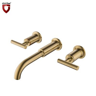 China Hot Sale Metered Faucets Brushed Gold Wall Mounted Double Handles Basin Faucet Bathroom Basin Sink Brass Mixer Tap for sale