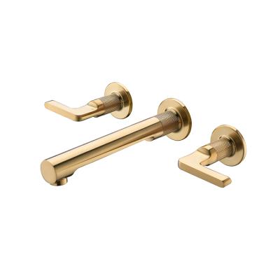 China Brass Faucets Guangdong Hot And Cold Water Metered Brushed Gold Double Handle 3 Hole Wall Mounted Bathroom Basin Faucet for sale