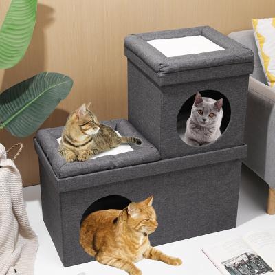 China Removable Cover Reversible Cushion With Foldable Cat Cube Condo With Large Work Area For Pet Cat Cave Bed House for sale